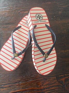 Tory Burch Navy Strap Red & Cream Striped Flip Flop Sandals